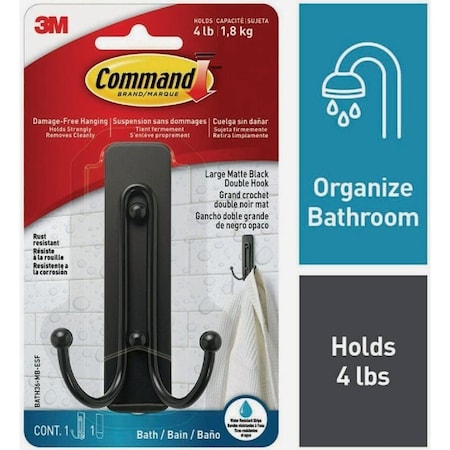 Command Large Bath Hook, 4 lb, 2-Hook, Metal, Matte Black BATH36-MB-ESF