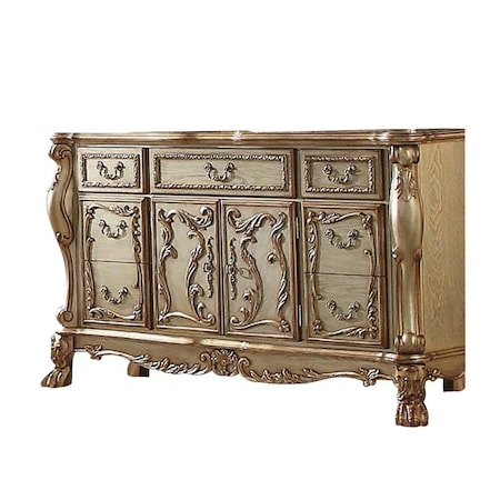 Homeroots 66in Gold Solid Wood Carved Scrollwork Seven Drawer Sideboard with Two Doors 347057
