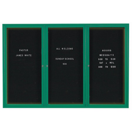 Aarco Illuminated Enclosed Letter Board Directory w/ Powder Coated Green Al Frame, 48''Hx72''W 3 Doors ADC4872-3IG
