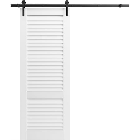 Sartodoors Barn Door 18 x 96 inches, Louver 3388 Primed Wh1te, 6.6FT Rail Track Hardware Set, Solid Panel In LOUVER3388BD-B-PRI-28