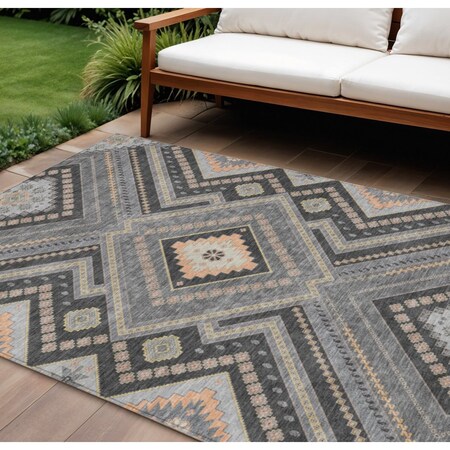 Homeroots 8' X 10' Gray Charcoal And Pink Tribal Washable Indoor Outdoor Area Rug 598127