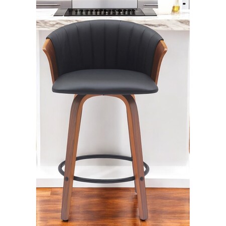 Homeroots 26" Black and Wood Brown Faux Leather with Solid Wood Swivel Counter Height Bar Chair 534418