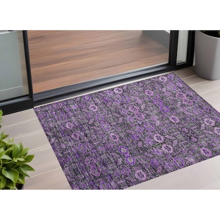 Homeroots 2' X 3' Purple and Green Floral Washable Non Skid Indoor Outdoor Area Rug 564356