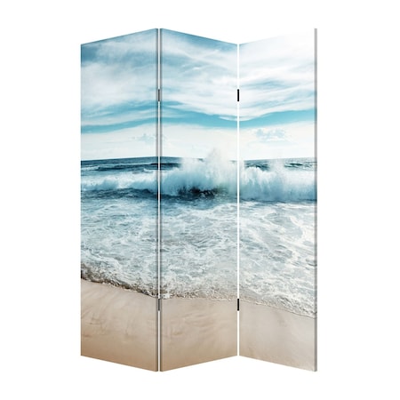 Homeroots 72" Blue and White Canvas Folding Three Panel Screen Room Divider 342776