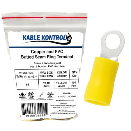 Kable Kontrol Copper and PVC Butted Seam Ring Terminal, 12-10 AWG, Stud Size # 6, Yellow, 100 Pcs, 100PK RTPVC-1210-6-YL