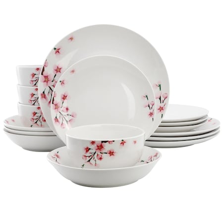 Elama Tamara 16 Piece Cherry Blossom Porcelain Double Bowl Dinnerware Set White and Pink 750123734M