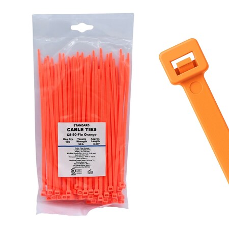 Cable Ties Unlimited Cable Tie, 8 in L, 50 lb Strength, 2.2 in Max Bundle Dia, Nylon 6/6, Fluorescent Orange 100PK C8-50-Flo Orange