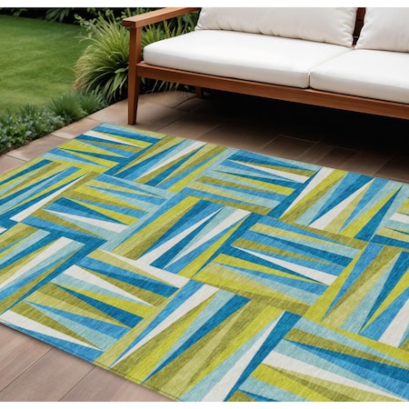 Homeroots 10' X 14' Teal Blue Green And Ivory Geometric Washable Indoor Outdoor Area Rug 598309