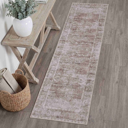 Jonathan Y Arabella Vintage Floral Border Non-Slip Machine-Washable Beige/Cream 2 ft. x 8 ft. Runner Rug VOR107D-28