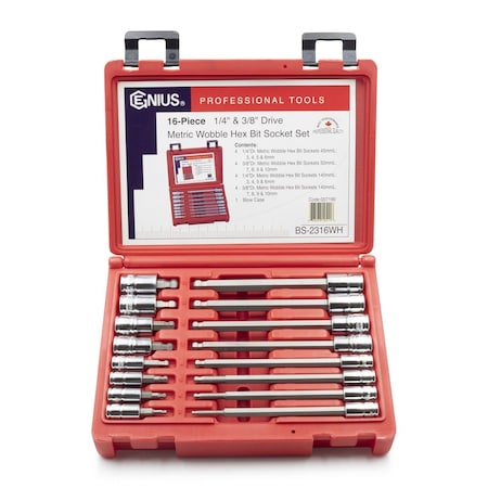 Genius Tools 16PC 1/4 & 3/8in Dr. Metric Wobble Hex Bit Socket Set BS-2316WH