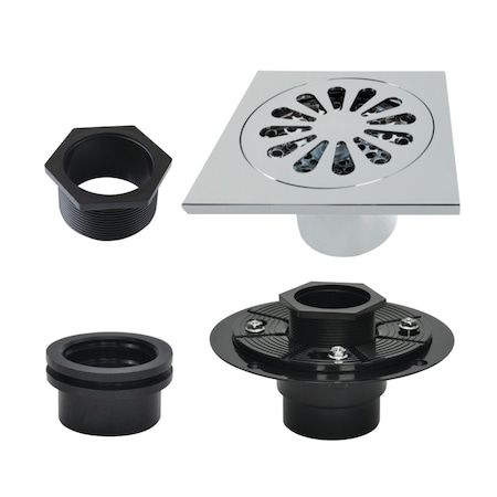 Kingston Brass 4" Brass Square Grid Shower Drain with Hair Strainer and Base Flange, Polished Chrome BSFK4161C