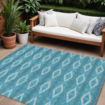 Homeroots 8' X 10' Teal Blue Gray And Ivory Geometric Washable Indoor Outdoor Area Rug 599673