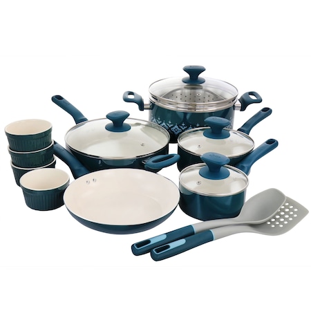 Spice By Tia Mowry Savory Saffron 16 Piece Ceramic Nonstick Cookware Set in Teal 96232.16RR