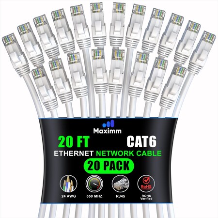 Maximm Cat6 Ethernet Cable 20ft 10Gbps 550MHz UTP, 20PK, White, 20PK WH20PK09