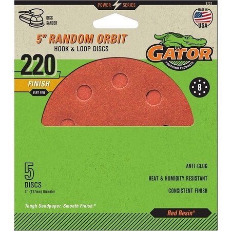 Gator Sanding Disc, 5 in Dia, 220 Grit, Extra Fine, Aluminum Oxide Abrasive, Vented 3721