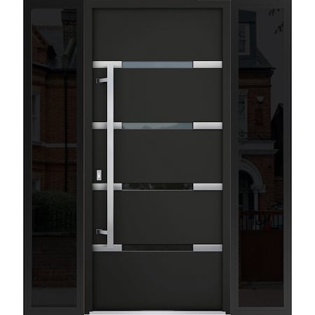 Vdomdoors Steel Door Deux 1105 Black Enamel 2 Sidelight Exterior Windows Sidelites/ Stainless Inserts Entry D DEUX1105EXD-BLK-W12+36+12 x H80-RH-I