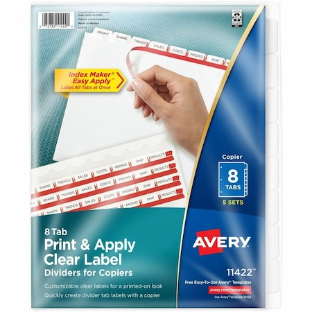 Avery Dennison Avery Index Maker Copier Clear Label Divider, Blank, 8.5"x11", 8 Tabs, 5 Sets, White/Clear 11422