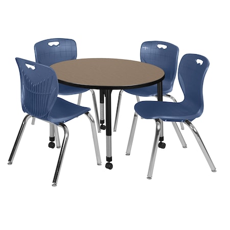 Regency Round Kee Mobile Adjustable Classroom Table W/ 4 Andy Chairs, 36 in W, 36 in L, Noble Oak TB36RNDNOAPCBK40NV