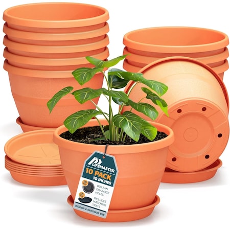 Lifemaster 10-Inch Whiskey Barrel Planters, Durable Plastic Pots with Drainage and Saucer, 10PK LMPBP10PRD10