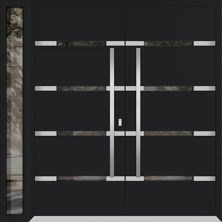 Vdomdoors Metal Double Doors Deux 1105 Black Enamel Mirrored Clear Glass 1 Sidelight Entry Modern Painted 86x DEUX1105DEXD-BLK-W72+14xH80-LH-I