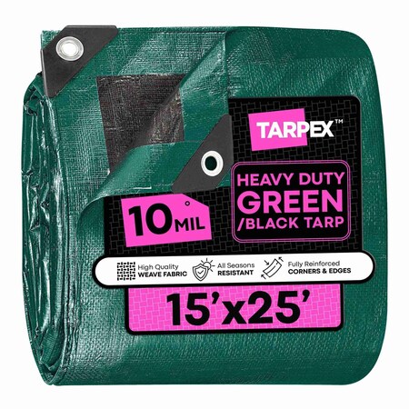 Heavy Duty Tarp, 15 ft x 25 ft, 10 Mil, Green/Black, Polyethylene