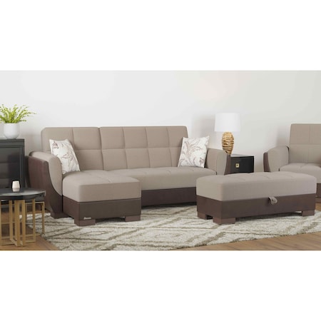 Homeroots 50" Tan and Brown Chenille And Faux Leather Storage Ottoman 608876