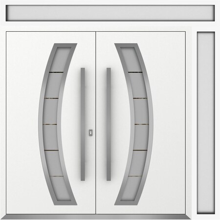 Vdomdoors Metal Double Doors Deux 6500 White Enamel Frosted Glass 1 Sidelight and Top Transom Entry Modern Pa DEUX6500DEXD-BEM-W72+14xH80+16-RH-O