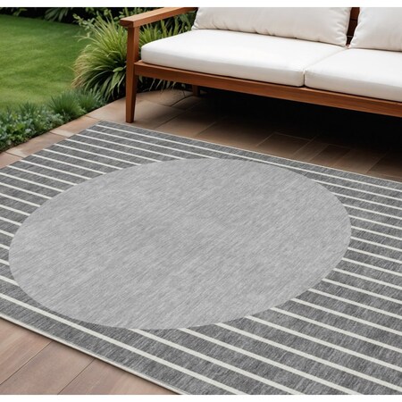 Homeroots 9' X 12' Gray And Ivory Striped Washable Indoor Outdoor Area Rug 597167