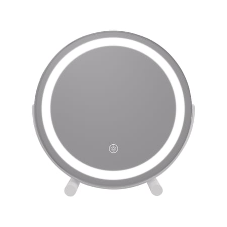 Homeroots 12" White Lighted Round Glass Framed Makeup Shaving Tabletop Mirror 565042