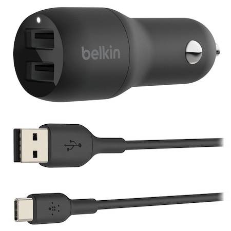 Belkin Dual Port Usb A Car Charger 24w With Usb A To Usb C Cable 3ft, Black CCE001BT1MBK