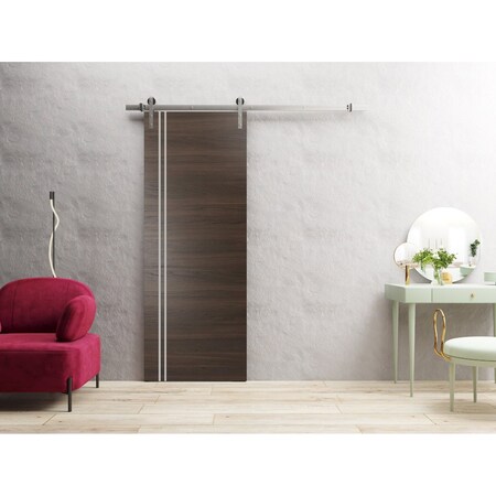Sartodoors Sturdy Barn Door with Hardware, Planum 0310 Chocolate Ash and Aluminum Strips, 6.6FT Rail Hangers H PLANUM0310BD-S-CA-18
