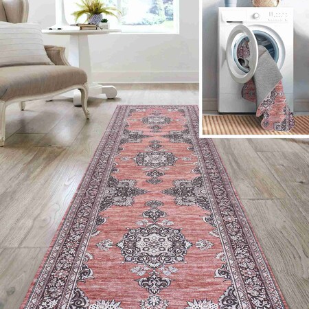 Jonathan Y Bausch Bohemian Distressed Chenille Non-Slip Washable Dark Pink/Black/White 2ft x 8ft Runner Rug WSH201B-28
