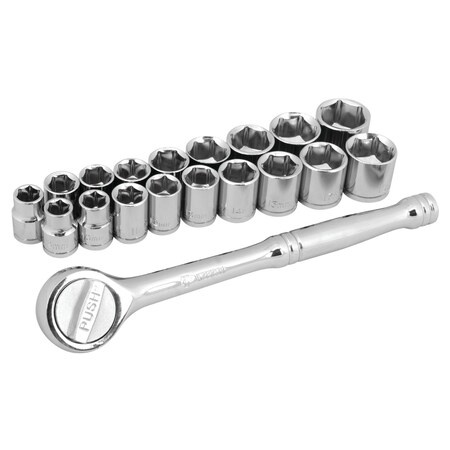 Performance Tool 19 pc. 3/8 in. Dr. Socket Set, SAE/Metric Sockets, Ratchet, Storage Rail W38301