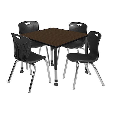 Regency Square Kee Mobile Adjustable Classroom Table W/ 4 Andy Chairs, 36 in W, 36 in L, Neo Walnut TB3636NWAPCBK40BK