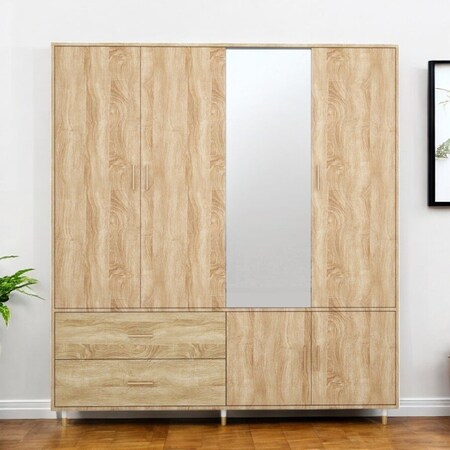 Homeroots 71" Natural Wood Mirrored Four Door Two Drawer Combo Dresser 569286