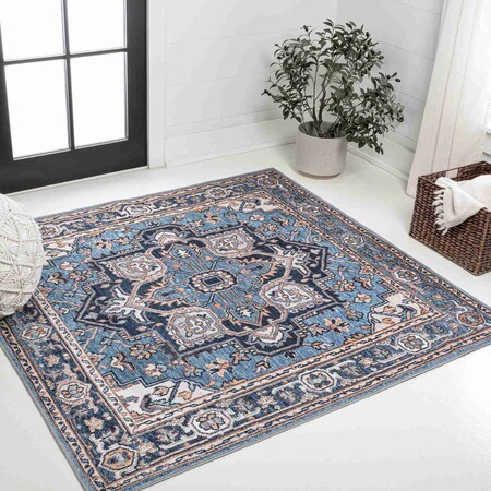 Jonathan Y Cirali Ornate Large Medallion Non-Slip Machine-Washable Blue/Beige 6 ft Square Area Rug WSH105B-6SQ