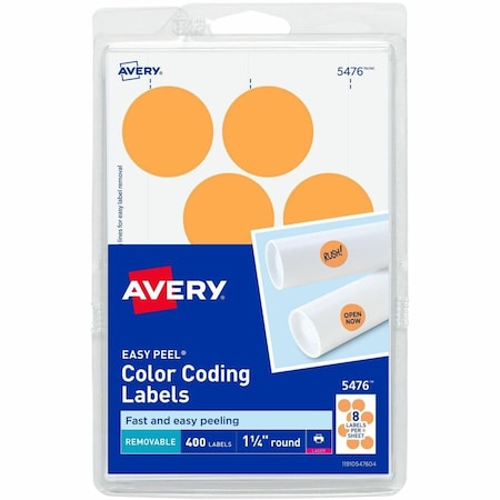 Avery Print or Write Removable Color-Coding Labels, 1-1/4" Dia, Neon Orange, 400/Pack 5476