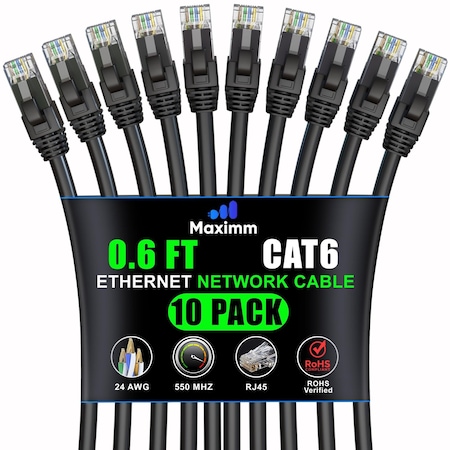 Maximm Cat6 Ethernet Cable 0.6ft 10Gbps 550MHz UTP, 10PK, Black, 10PK CAT6-CCA-0.6FTBLACK-10PK
