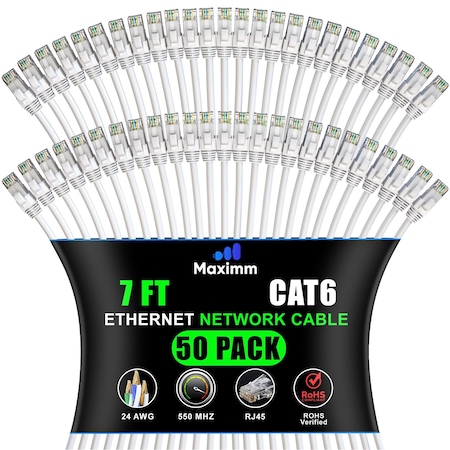 Maximm Cat6 Ethernet Cable 7ft 10Gbps 550MHz UTP, 50PK, White, 50PK WH50PK09