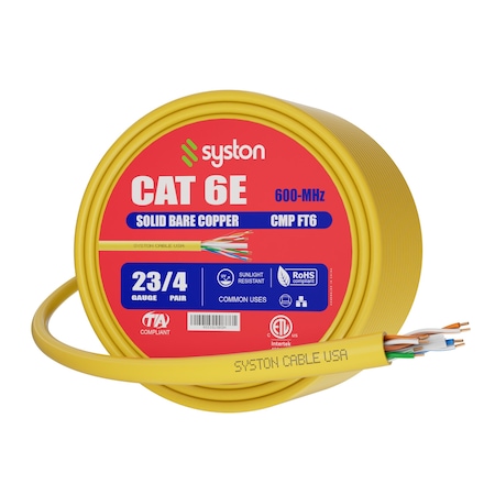 Syston Cable Technology Cat 6e Ethernet Data Cable Bulk, 50ft Yellow, 600MHz 23AWG Solid Copper, CMP Plenum-Rated UV RoHS BULK1259-50YL