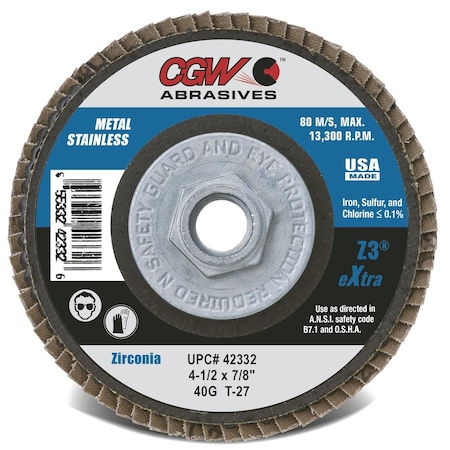 Cgw Abrasives Camel Grinding Wheels Z3 Premium Zirconia Flap Discs, 4-1/2in x 7/8in T27 Z3 Reg 36 Grit 42301
