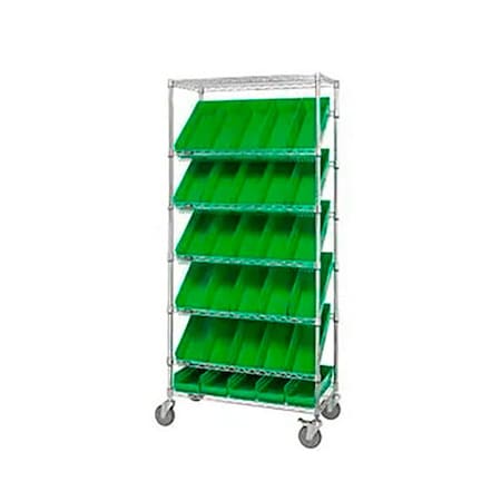 Global Industrial Easy Access Slant Shelf Chrome Wire Cart 48 4"H Shelf Bins Green 36Lx18Wx74H 269002GN