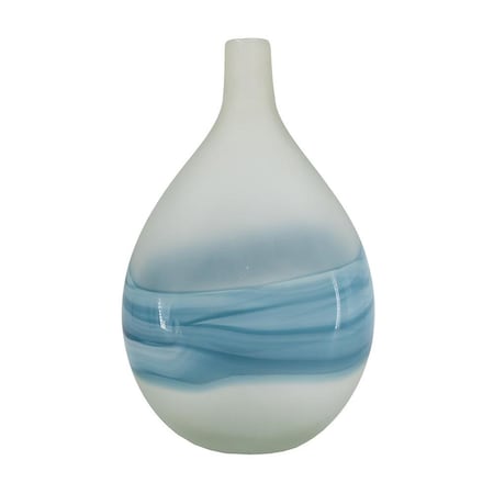 Homeroots 16" White And Blue Swirl Art Glass Table Vase 574239