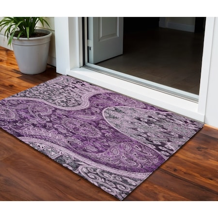 Homeroots 3' X 5' Purple And Charcoal Floral Medallion Washable Indoor Outdoor Area Rug 603191