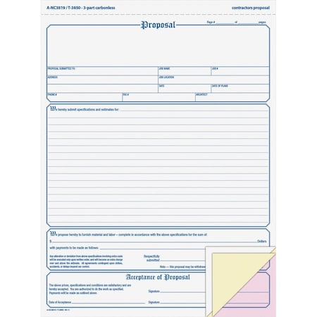 Tops Business Forms Tops Proposal Forms, 3-Part, Carbonless, 8-1/2" x 11", White/Canary Pink, 50 Sets/Pack 3850