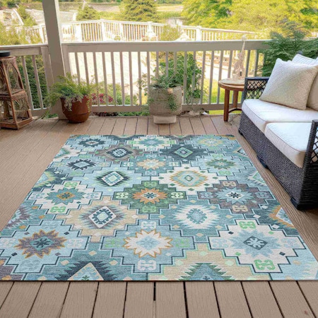 Homeroots 8' X 10' Teal Blue Beige And Ivory Southwestern Washable Indoor Outdoor Area Rug 632284