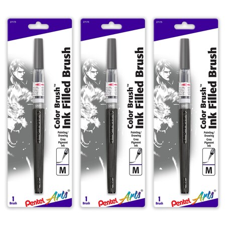 Pentel Color Brush with Water-Based Ink, Medium Tip, Gray, 3PK GFLBP137