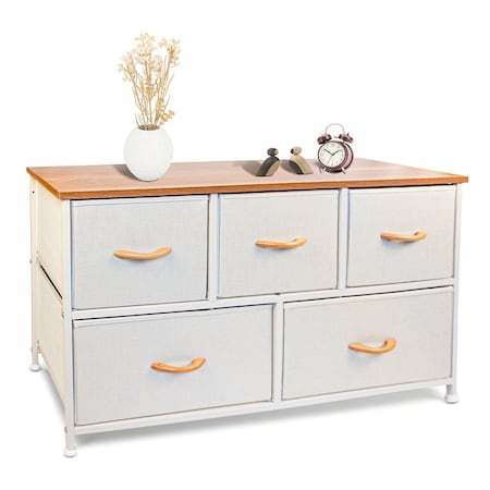 Homeroots 39in White and Natural White Fabric Chest With Two Shelves And Five Drawers 470357