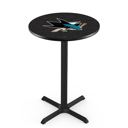 Holland Bar Stool Co 36" Blk Wrinkle San Jose Sharks Pub Table, 36" dia. Top L211B3636SJShar