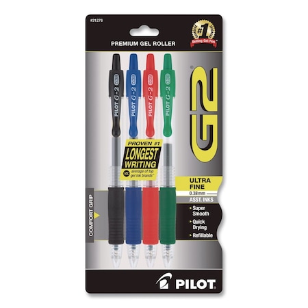 Pilot G2 Premium Gel Pen, Retractable, Ultra-Fine, 0.38 mm, Assorted Ink/Barrel Colors, 4PK 31276